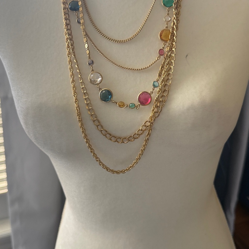 J. Crew Gold Layered Necklace with Multi-Color Gemstones - Picture 2 of 3